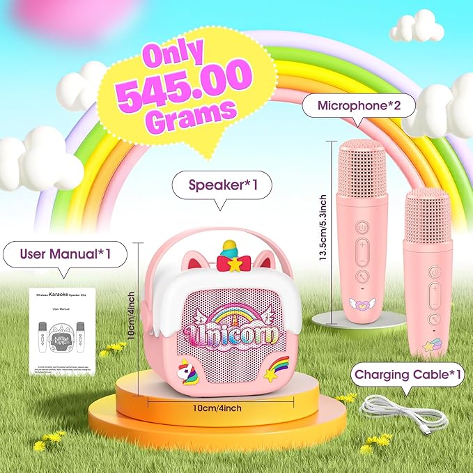 Mini Karaoke Machine for Kids Girls: Unicorn Portable Bluetooth Speakers with 2 Wireless Mic Easter Birthday Gifts for 5 6 7 8 9 10 11 Years Teen Toys for Girls Age 4-6 7 8 9 Basket Stuffers Pink