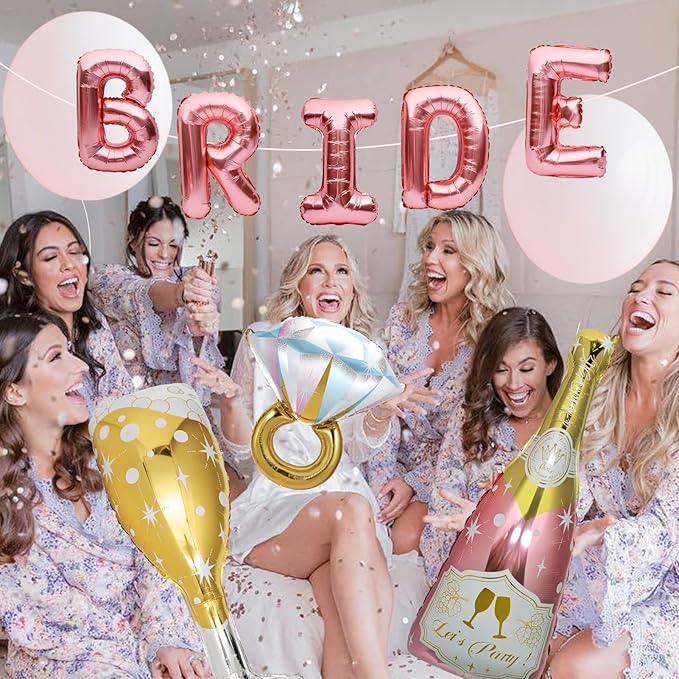 9 Pcs Bride Balloons, Huge Rose Gold Champagne Bottle Goblet Aluminum Foil Balloons for Birthday, Bachelorette, Bridal Shower, Wedding, Anniversary, Engagement Party Decorations Supplies