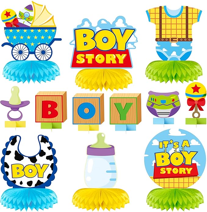 Boy Story Honeycomb Centerpieces - 12PCS Boy Story Baby Shower Party Honeycomb Centerpieces Baby Boys Party Table Decoration It’s a Boys Stories Table Topper for Birthday Party Supplies