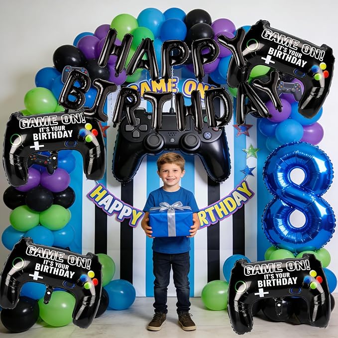 Black Happy Birthday Balloons, 29" Huge Video Game Controller Aluminum Foil Balloon Banner for Boys Birthday Gaming Party Decorations Supplies