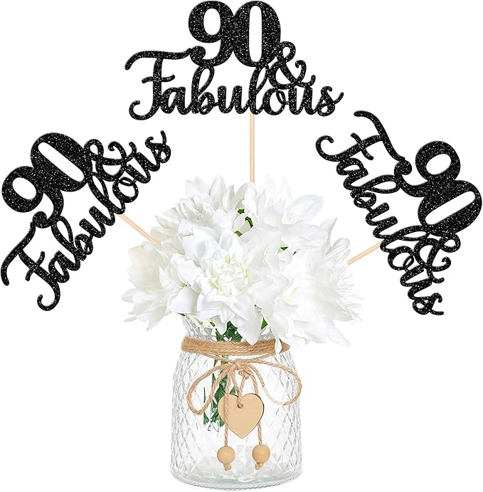 12 PCS 90 and Fabulous Centerpiece Sticks Double Sided Happy 90th Birthday Table Flower Centerpieces Sticks Cheers to 90 Floral Decorations for 90th Birthday Anniversary Party Supplies Black