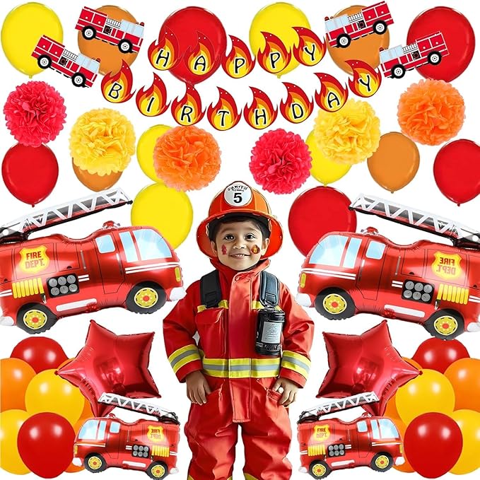 Fire Truck Birthday Party Decorations Kit – Firefighter Party Supplies with Happy Birthday Banner, Fire Truck Foil & LatexBalloons, Table Cover, Cake Toppers & Tattoo Stickers Perfect for kids Party