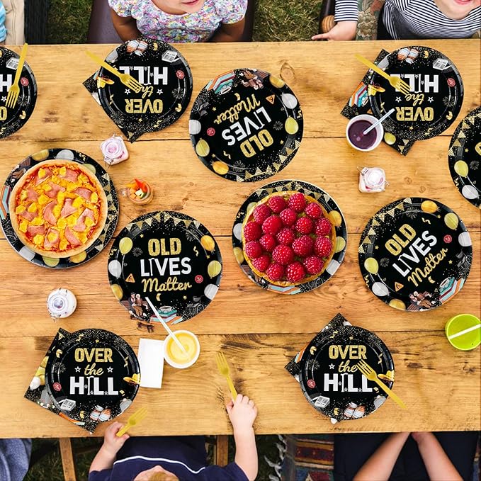 96Pcs Old Lives Matter Decoration Over The Hill Birthday Plates and Napkins Gold Black Funny Retirement Decoration Favor for Men Women 50th 60th 70th 80th Retirement Birthday Party Supplies Serves 24