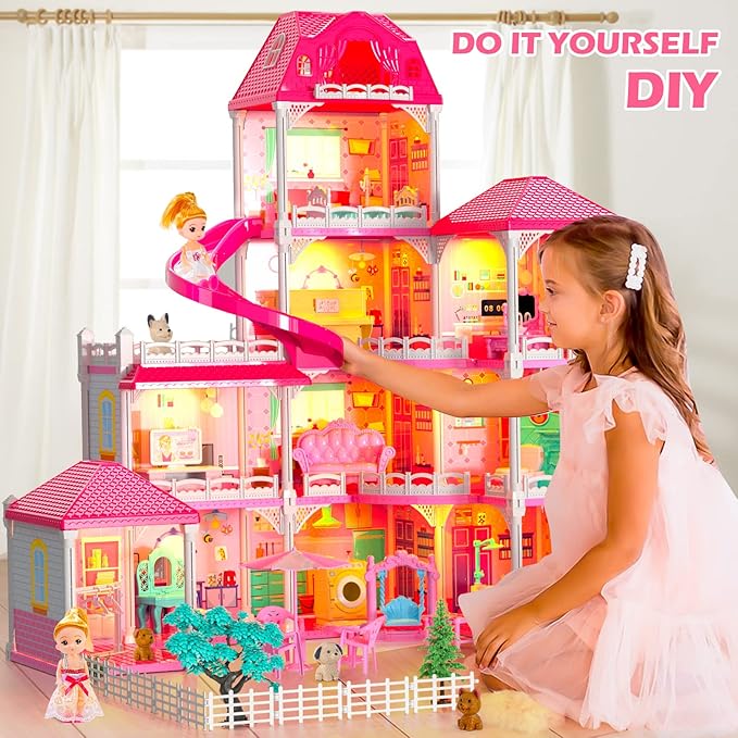 Doloowee Dolls House for Girls Toys, 4 Stories 10 Rooms Dollshouse with 2 Princesses Slide Accessories, Playset for Toddler Playhouse Gift for for 3 4 5 6 7 8+ Year Old Girls Toys