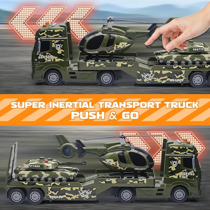 Green Military Large Truck Toys,21" Semi Army Truck Toy with Helicopters & Tank, Friction Powered Vehicles with Lights and Sounds,Christmas Birthday Gift for Kids Boys Girls Toddlers 3 4 5 6 7