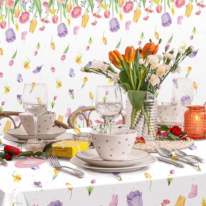 Kochorie Spring Flower Tulip Tablecloth Roll 54 Inch x 100 Feet Plastic Floral Disposable Table Cover Butterfly Wildflower Themed Backdrop for Spring Floral Tea Party Birthday Wedding Decor