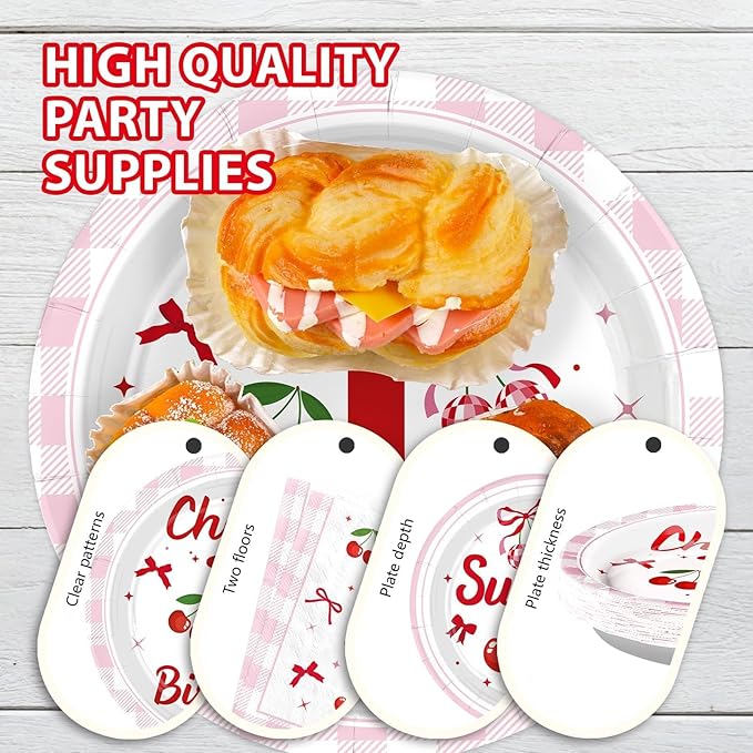 Grencian 96 Pcs Cherry Birthday Party Decorations Plates Set Cherry 1st Birthday Party Plates Fruit Themed Paper Tableware Set for One Year Old Baby Shower Fruit Themed Party Supplies