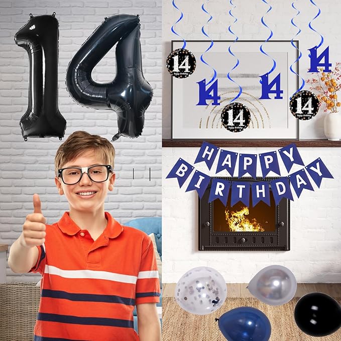 14th Birthday Decorations for Boys and Girls Dark Blue, 14 Party Decorations with HAPPY BIRTHDAY Banner 14 Balloon Number Tablecloth Foil Star Balloons Garland Arch Kit-14 Year Old Party Supplies