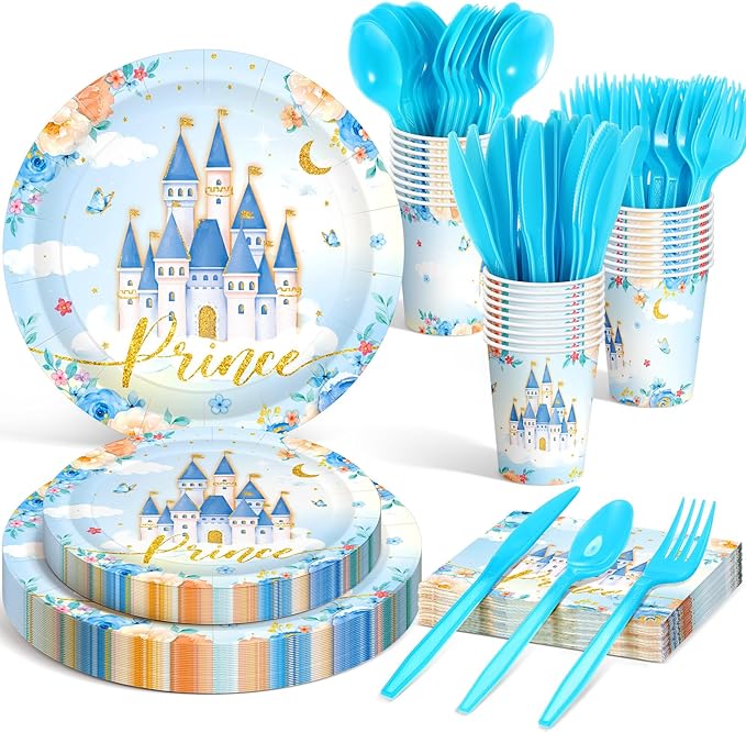 Meanplan 168 Pcs Prince Princess Party Decorations Blue Castle Plates Napkins Cups Fork Spoon Knives Disposable Tableware Set for Girl Boy Baby Shower Birthday Party Supplies Serves 24 Guest
