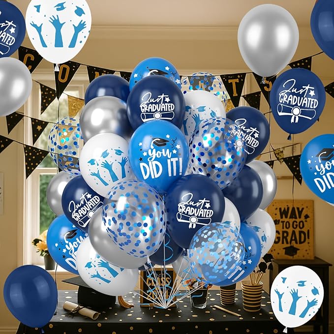 Graduation Party Decorations Balloons Set, 50PCS 12 Inch Blue White Silve Confetti Party Latex Balloon for Class Of 2025 Graduation Party Decoration Supplies