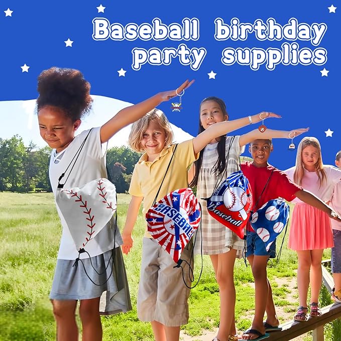 110Pcs Baseball Party Favors Drawstring Bags Baseball Goodie Bag with Mini Ball, Wristband, Slap bracelets, Keychains, Stickers for Baseball Party Supplies