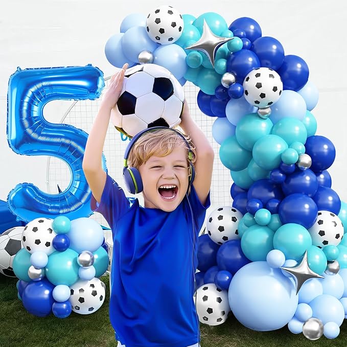 Soccer 5th Birthday Decorations for Boys, Royal Blue Teal Light Blue Balloon Garland Arch Kit with 40 Inch Blue Number 5 Balloon, Soccer 5th Birthday Balloons Arch for Kids Football Theme Club Party