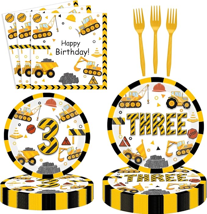 51 Pcs Construction 3rd Birthday Party Supplies Dump Truck Three Years Old Tablecloth Paper Plates Napkins Forks Dinnerware for Construction 3rd Birthday Party Supplies Decorations