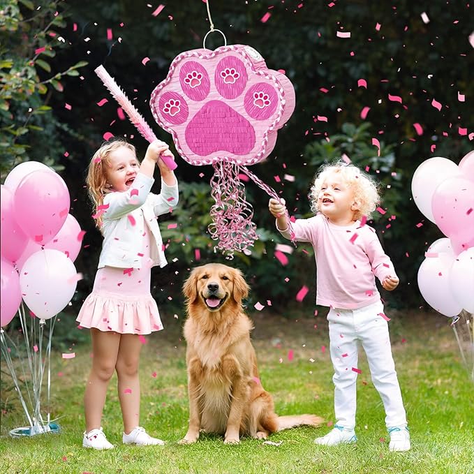 WERNNSAI Pink Dog Paw Piñata - Dog Piñata Pet Theme Party Games Pink Girl Style Puppy Paw Party Decorations Animal Party Supply for Kids Birthday with Blindfold