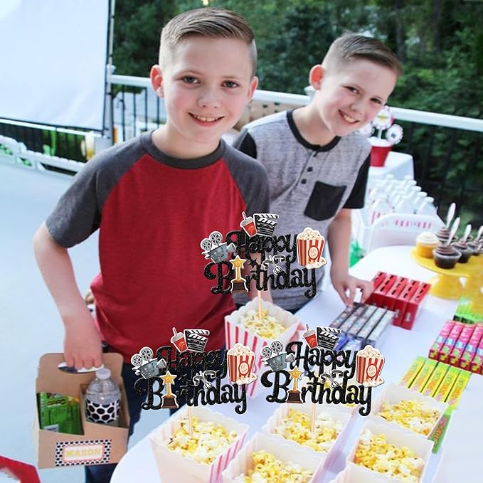 1 PCS Movie Happy Birthday Cake Topper Glitter Roll Camera Video Recorder Popcorn Movie Night Cake Pick for Hollywood Theme Family Film Baby Shower Birthday Party Cake Decorations Supplies Black