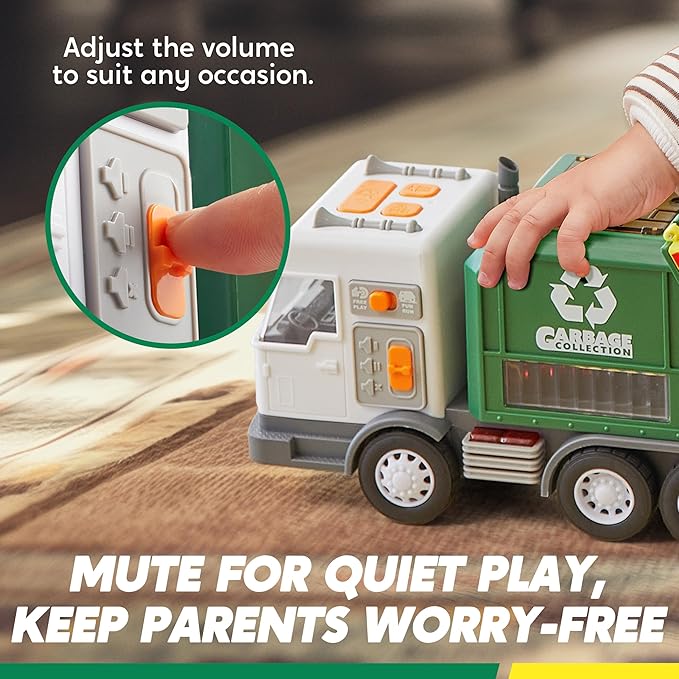 LED Garbage Truck Toy Set Includes Dumpster, Toy Truck with Mode Switch & Volume Control, Trash Vehicle with Lights and Sounds, Automatic Bump, Easter Basket Stuffers Birthday Gift for Boys Girls