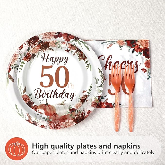 Grencian 96Pcs Fall Burgundy Floral 50th Birthday Party Decorations 50th Fabulous Plates and Napkins Cheers to 50 Tableware for Women 50 Years Old Birthday Party Decorations Serves 24