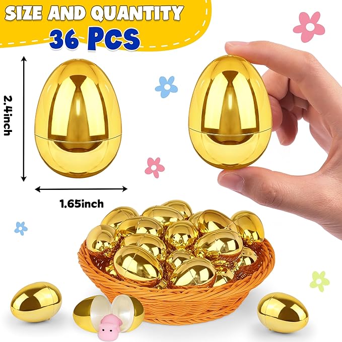 36 Pack Gold Easter Eggs, 2.4 Inch Metallic Plastic Empty Golden Eggs Fillable for Easter Eggs Hunt, Easter Basket Stuffers Fillers, Classroom Prize Supplies, Filling Treats and Party Favors
