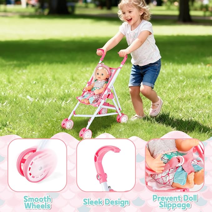 deAO Baby Doll Stroller Crib Bed Nursery Role Play Set Baby Doll Accessories and Play Mat,Travel Cot,Foldable Stroller and Travel Bag Birthday for Girls Boys Kids