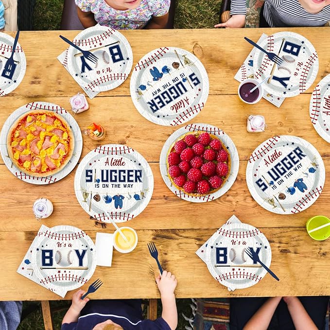 Grencian 96 Pcs Baseball Baby Shower Party Supplies It‘s A Boy Paper Plates Napkins A Little is on The Way Plates Baseball Theme Baby Shower Party Decorations for Boy Serves 24