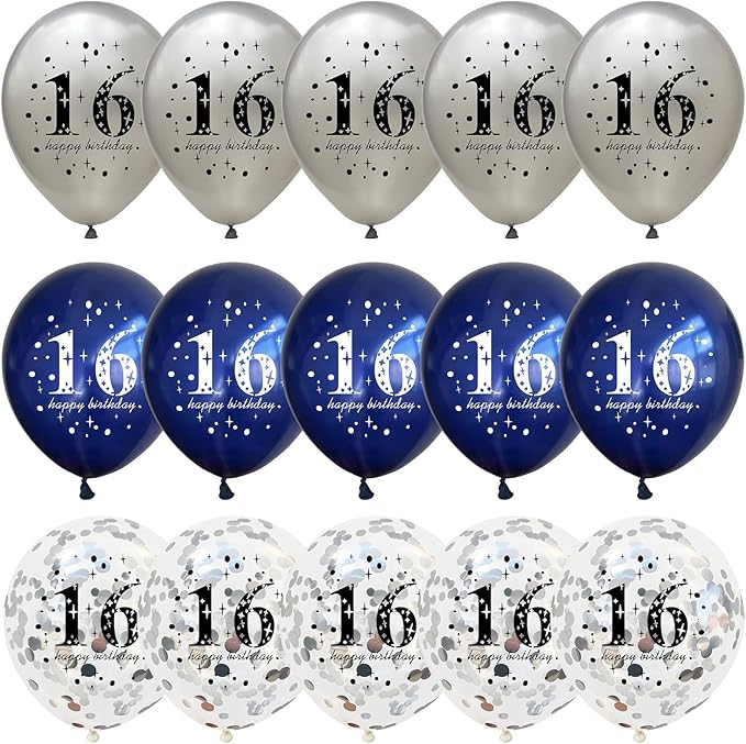 16th Birthday Decorations Boys, Pack of 15 Happy 16th Birthday Balloons Latex Helium Navy Blue Silver Confetti Balloons for Age Sixteen 16 Years Old Birthday Party Decorations Celebration Supplies