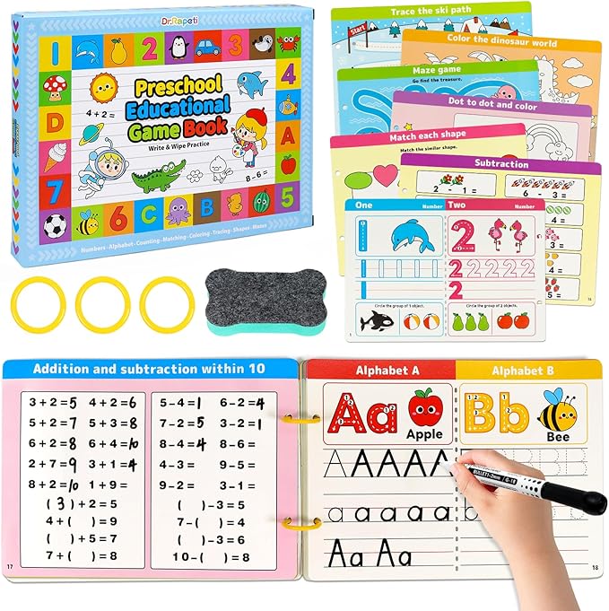 Dr.Rapeti Preschool Learning Activities Educational Workbook Busy Book 58 Pages 8 Dry Erase Markers Prek Montessori Handwriting Practice Activity Tracing Toy Early Learning Toy for 3 years+