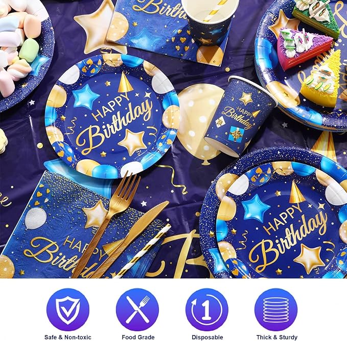 Norme 176 Pcs Navy Blue and Gold Birthday Tableware Set Birthday Decoration Includes Tablecloth Paper Plates Napkins Paper Cups Forks Knifes and Straws for 25 Guests Party Supplies (Fashion)