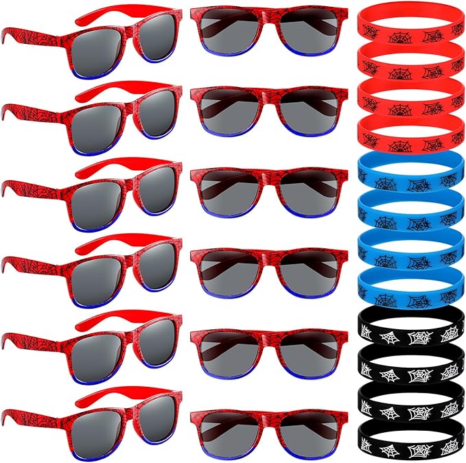 Kingdder 24 Pcs Spider Web Sunglasses and Silicone Wristbands Bracelets Spider Birthday Theme Party Favors Black Red Blue Party Decorations Supplies Gifts(Classic)