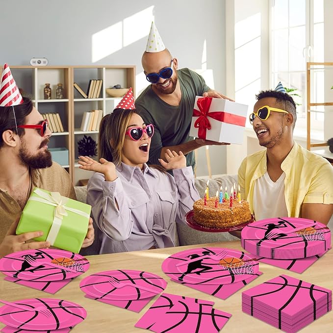 gisgfim 96 Pcs Pink Basketball Party Supplies Paper Plates Napkins Basketball Sport Theme Birthday Party Tableware Decorations Favors for Girls Kids Serves 24