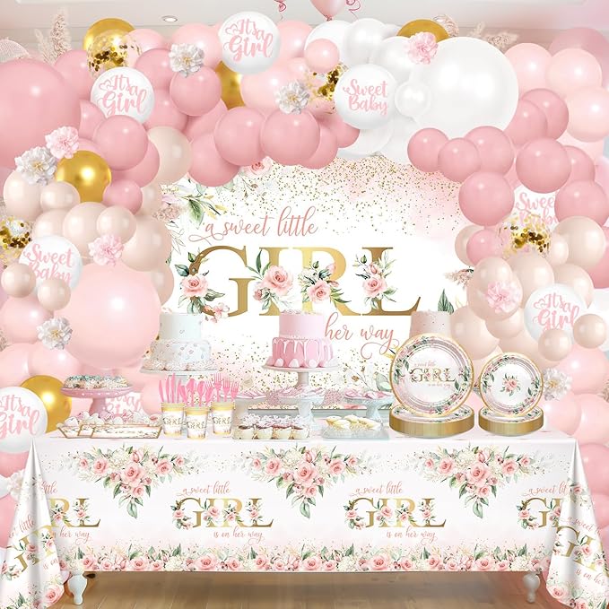 Baby Shower Decorations for Girl 278 Pcs Pink Floral Baby Shower Party Supplies: Little Girl Is on Her Way Banner, Plates, Napkins, Cups,Tablecloth, Balloons, Serve 24