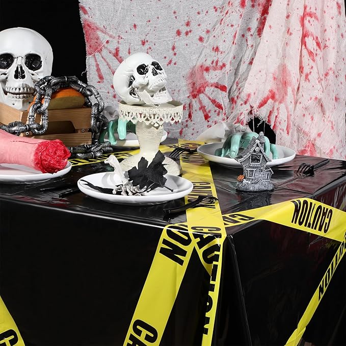Irenare 3 Pcs Halloween Construction Birthday Party Supplies Disposable Plastic Caution Tape Construction Table Cloth Dump Truck Themed Table Cover Decoration for Halloween 54 x 108 in(Black)