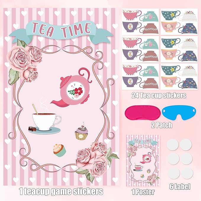Hooqict Tea Party Games: Pin the Tea Cup on the Saucer, Large Decorations with 24 Cup Stickers for Girls' Birthday Party