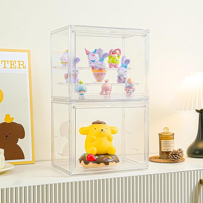 Small Acrylic Display Case for Collectibles 3 Layer Adjustable Display Case with Magnetic Door Clear Stackable Display Box for Mini Figures, 2 Pack