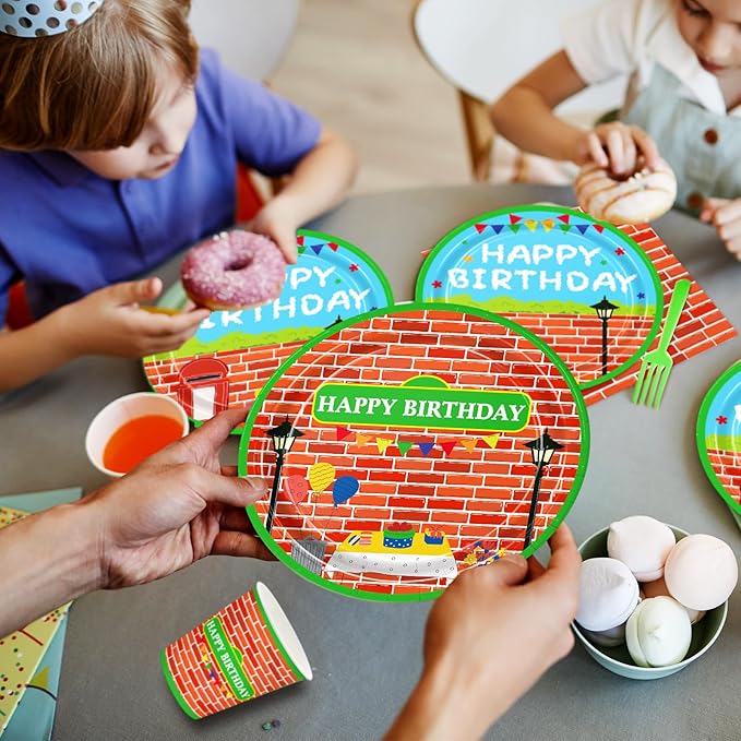 168pcs Red Brick Wall Street Birthday Party Supplies Plates Napkins Paper Cups Disposable Tableware Set Modern Cartoon Street Party Decorations for Kids Boys Birthday Decor Serves 24