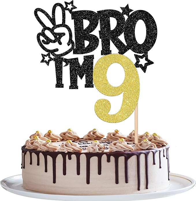 1 PCS Brother I'm 9 Cake Topper Glitter Star Happy 9th Birthday Cake Pick Bro I'm 9 Cake Decoration It's My 9th Birthday Decorations for Boys Cheers to 9 Years Old Birthday Party Supplies Gold