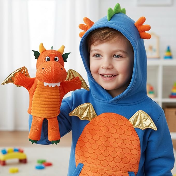 June Garden Plush Dragon Hand Puppet – Orange Fantasy Storytelling Toy with Golden Wings – Pretend Play Adventure for Toddlers and Kids