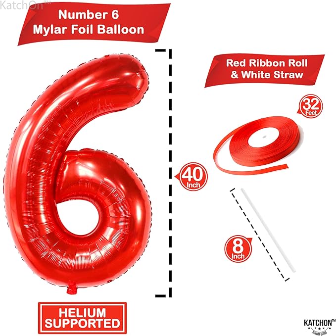 KatchOn, Giant Red 6 Year Old Balloon - 40 Inch | 6 Balloons for Birthday Boy | Red Balloon 6 Year Old, 6th Birthday Decorations For Boys | 6th Birthday Boy Birthday Decorations