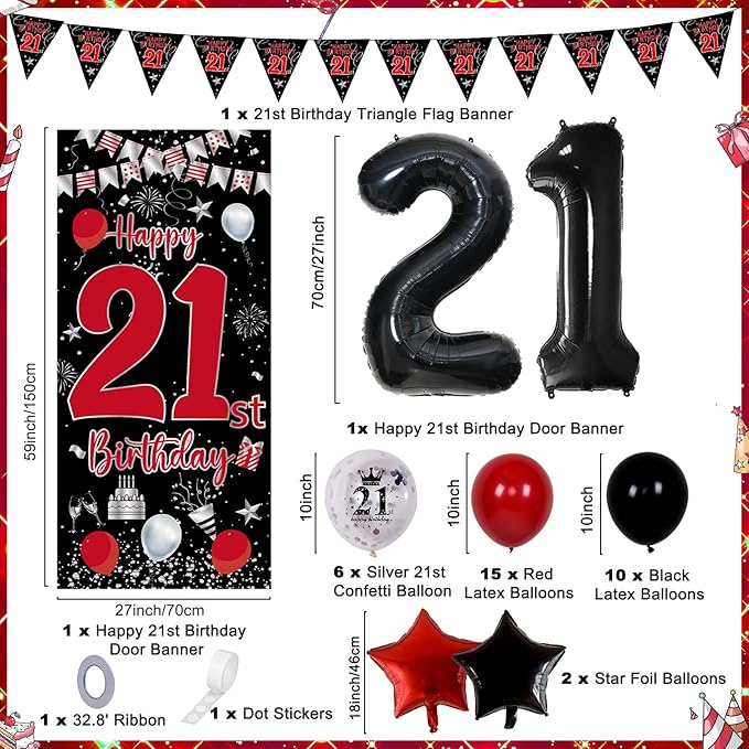 21th Birthday Decorations for Him Her, Red Black Happy 21st Birthday Decorations for Men Women, Boys 21st Bday Door Banner, Triangle Flag, Large 21 Balloons Decor for 21 Year Old Party