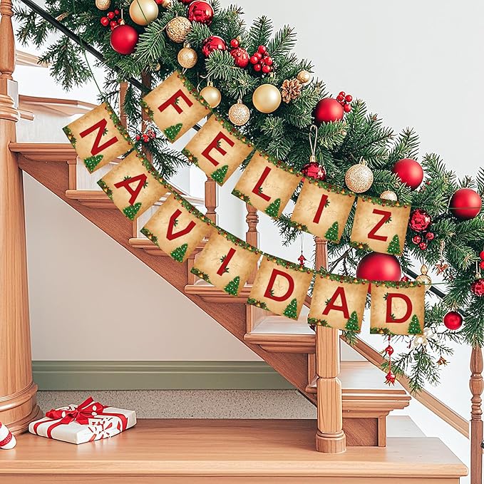 Feliz Navidad Banner Merry Christmas Banner Vintage New Year Garlands Sign for Feliz Navidad Christmas Decorations Mexican Spanish Holiday Decor Home Office Party Fireplace Mantle Decor
