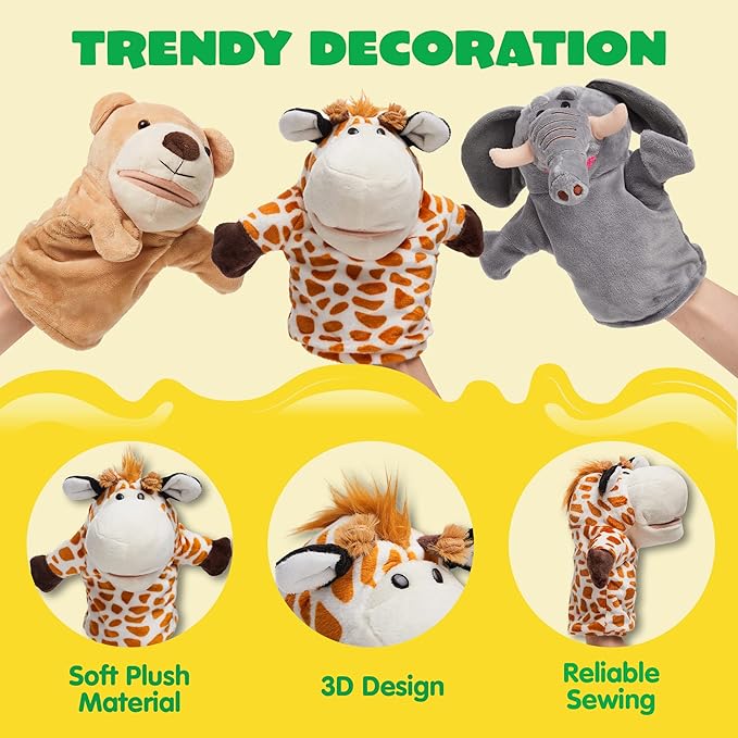 JOYIN 6Pcs Kids Hand Puppet Set with Working Mouth, Toddler Plush Toy Includes Elephant, Giraffe, Lion, Bear, Raccoon and Monkey for Show Theater, Easter Birthday Gifts for Kid