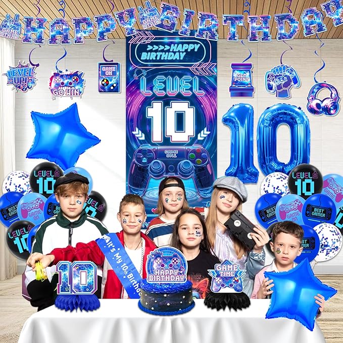 10th Birthday Decorations for Boys, Video Game Level 10 Birthday Decorations Include Banner Backdrop Sash Honeycomb Centerpieces Hanging Swirls Stickers Cake Topper for Gamer Party Supplies