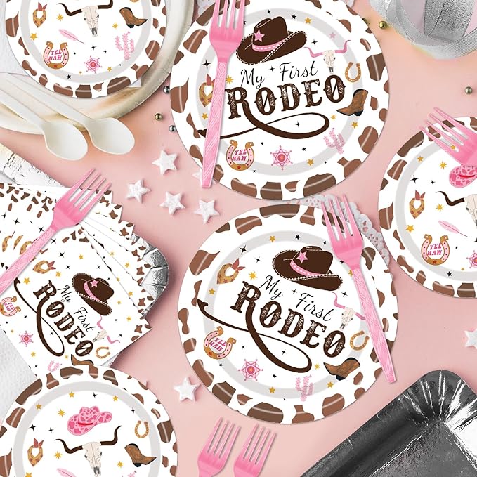 96PCS My First Rodeo Plates and Napkins Party Supplies Cowgirl Birthday Party Decorations Western Cowgirl Rodeo Disposable Tableware Set for 1st Birthday Serve 24 Guests