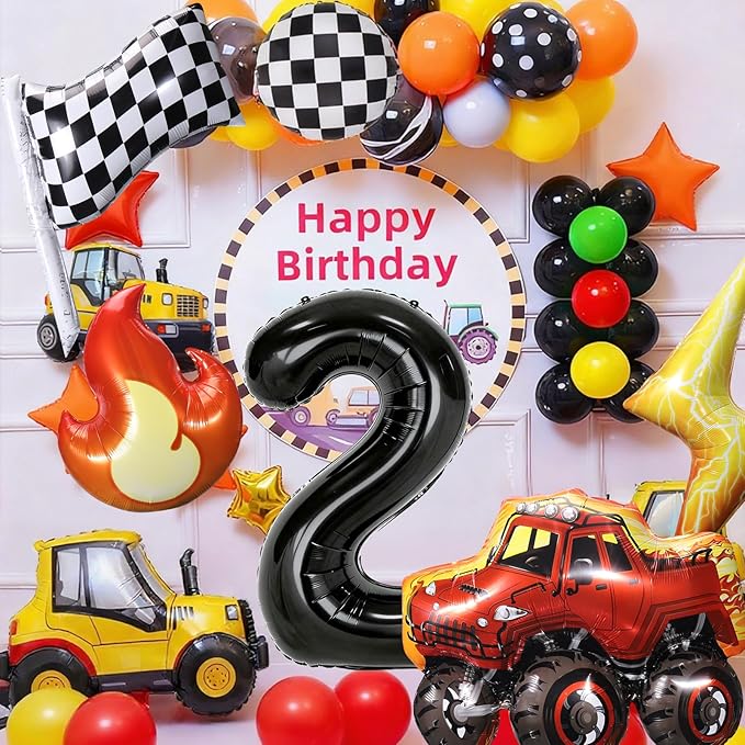 Truck Number 2 Balloons, Huge Truck Flags Lightning Flame Stars Aluminum Foil Balloons for 2nd Birthday, Race Car Theme Party Decorations Supplies
