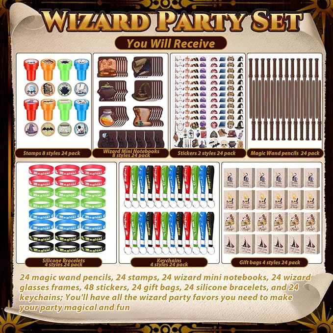 Yexiya 216 Pcs Wizard Party Supplies Magic Theme Birthday Favors with Wizard Wands Pencils Mini Notebook Glasses Bracelet Stickers Gift Bags Favor for Goodie Bag Stuffers Classroom Prizes Supplies