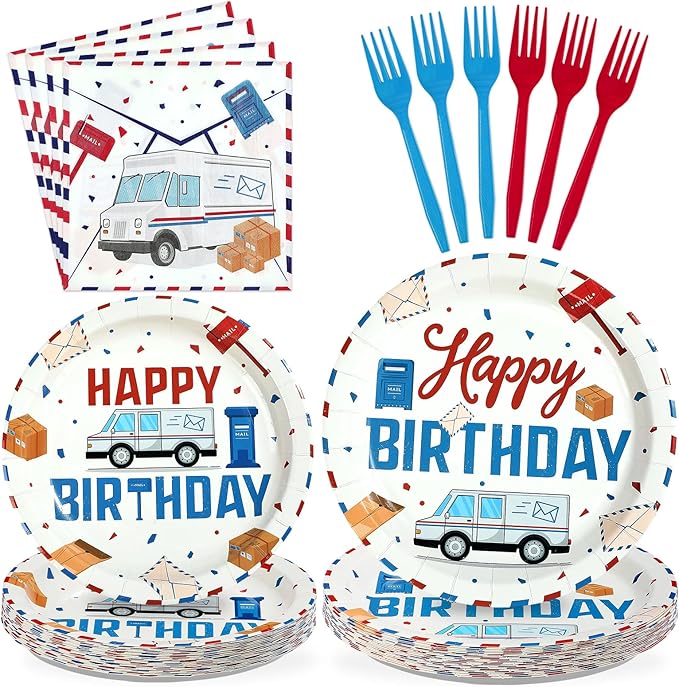 96 Pcs Mailman Party Supplies Red Blue Mail Happy Birthday Plates and Napkins Disposable Mail Truck Mailbox Tableware Set for Postal Worker Birthday Party Decorations Serves 24