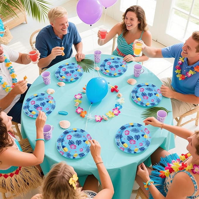 50Pcs Hawaiian Paper Plates 9 Inch Disposable Tropical Luau Blue Cartoon Hibiscus Floral Party Decorations Hawaii Aloha Dessert Themed Plates for Summer Beach Pool Holiday BBQ Birthday Party Supplies