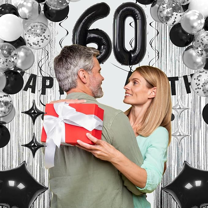 60th Birthday Decorations for Men Women- Black Silver Happy 60th Birthday Party Decor With Banner Backdrop,Number 60 Foil Balloon -Black White Balloons Garland Arch Kit for 60 Years Old Anniversary
