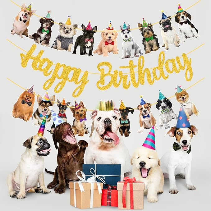 Dog Happy Birthday Banner Decorations Baby Birthday Party Supplies Gold Glitter Puppy Birthday Banner for Pet Dog Theme Party Bunting Decoration Baby Shower Party Supplies