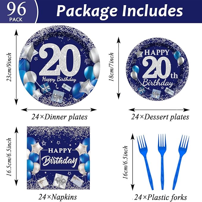 96 Pcs 20th Birthday Party Supplies Navy Blue and Silver Birthday Plates 20th Birthday Paper Tableware Happy Birthday Party Plates and Napkins Forks Blue Birthday Table Decorations for 24 Guests