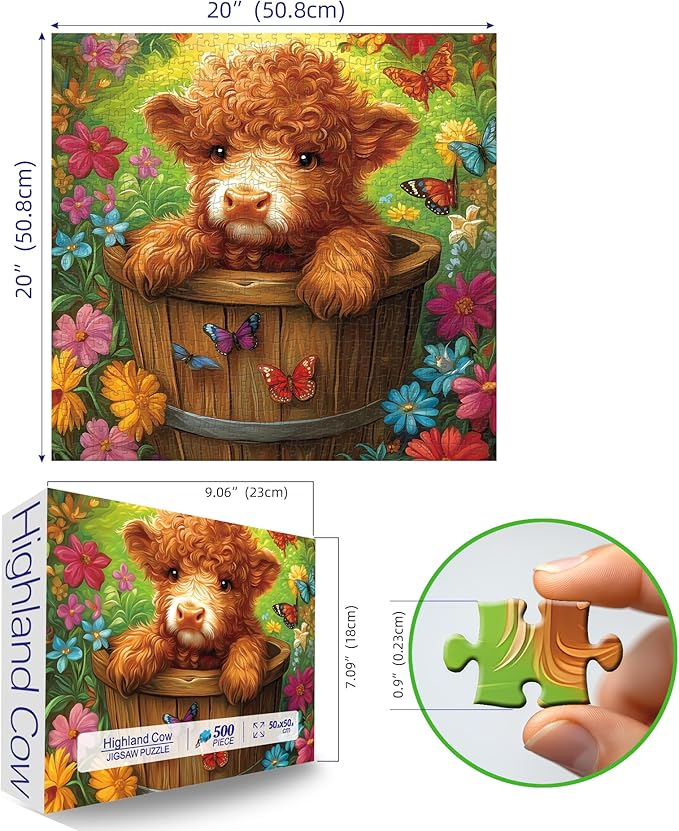 500 Piece Puzzles for Adults - Cute Highland Cow Floral Butterfly Jigsaw Puzzle, Vibrant Nature Art Puzzle for Relaxation & Home Decor 20x20 Inches